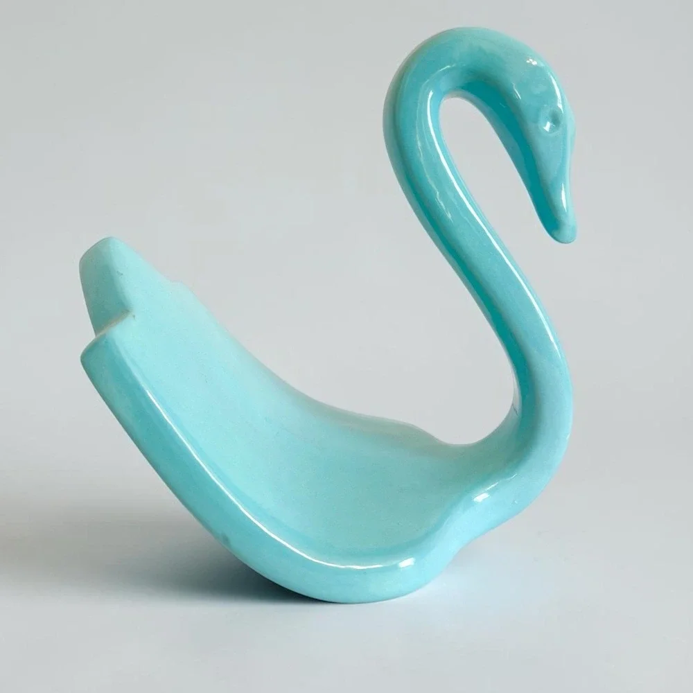 Vintage Ceramic Swan Towel Holder Blue Turquoise Glazed 1980s Retro Decor